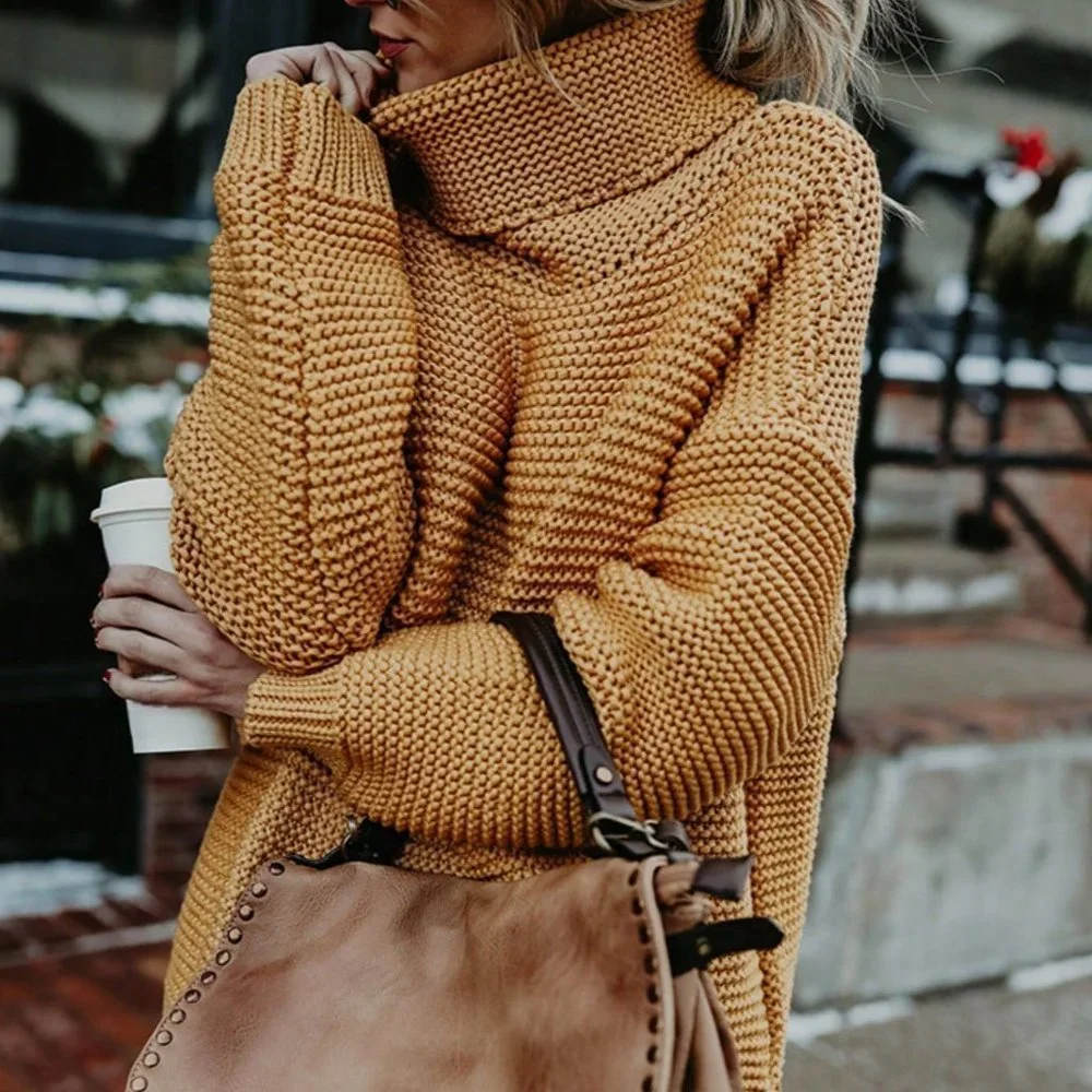 Mustard Casual Womens Turtleneck Drop Shoulder Sweater - Picture 2 of 5